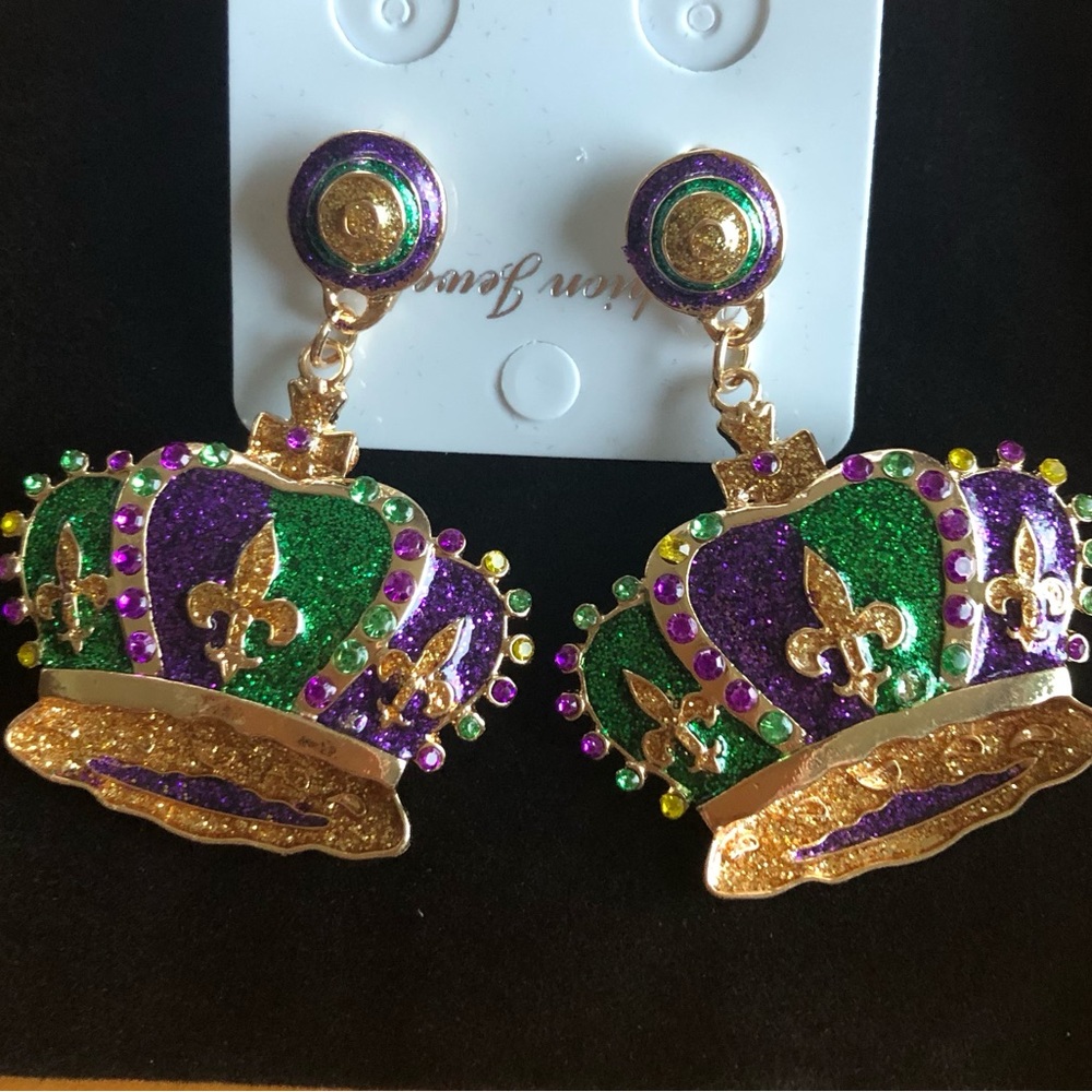 LIQUIDATING Mardi Gras Crown Earrings Purple Green Gold Dangly